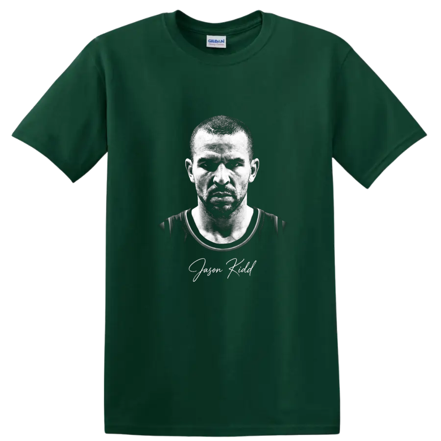 Jason Kidd black-and-white basketball portrait with signature-style name text on a Forest Green T Shirt
