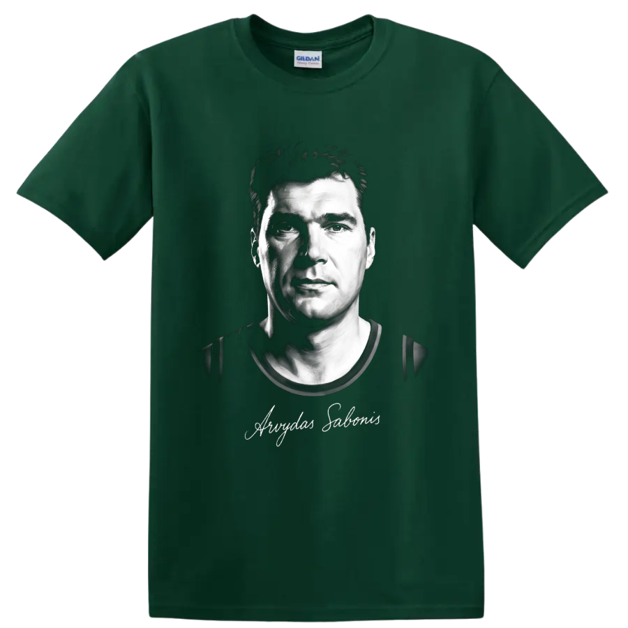 Arvydas Sabonis black-and-white basketball portrait with signature-style script on a Forest Green T Shirt