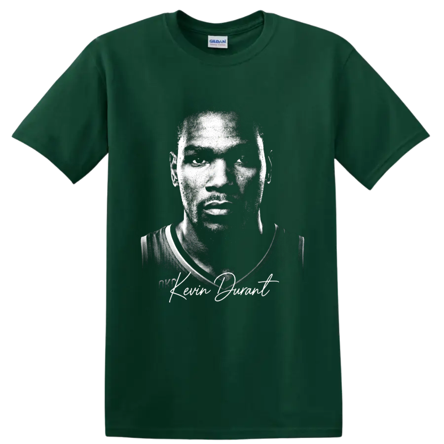 Kevin Durant Oklahoma City Thunder number 35 gritty black-and-white portrait with on a Forest Green T Shirt