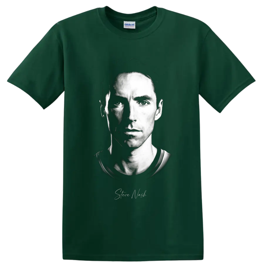 Steve Nash black-and-white split-shadow portrait with script signature on a Forest Green T Shirt