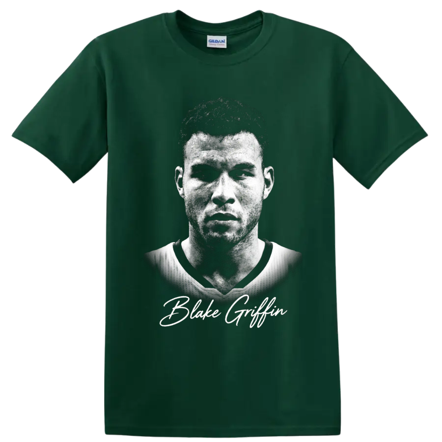 Blake Griffin Los Angeles Clippers No. 32 black-and-white basketball portrait with on a Forest Green T Shirt