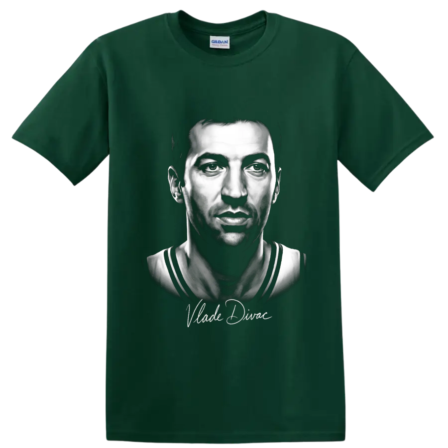 Monochrome Vlade Divac basketball portrait with cursive signature on a Forest Green T Shirt