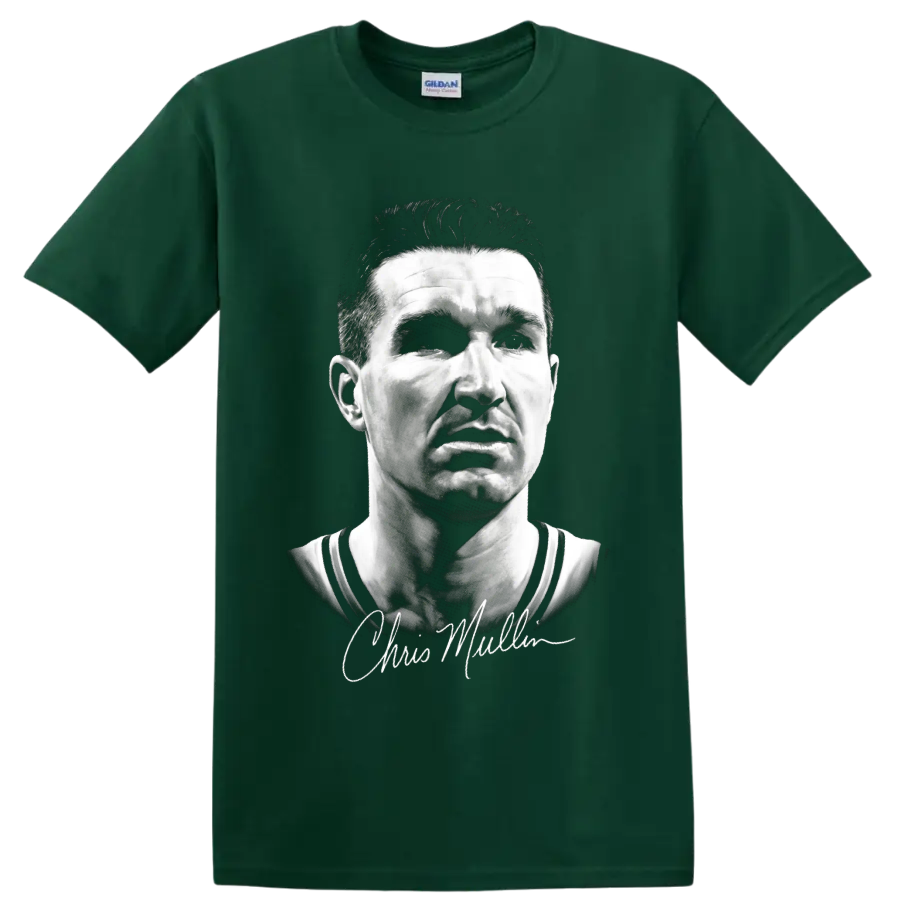 Monochrome Chris Mullin basketball portrait with cursive signature on a Forest Green T Shirt