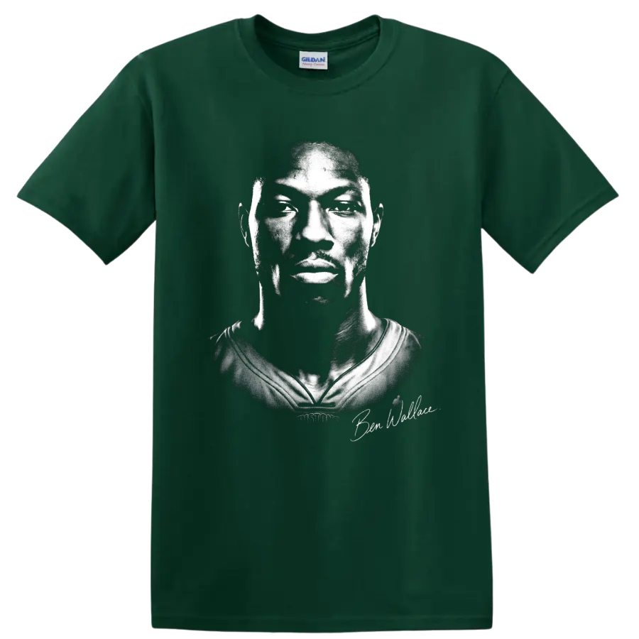 Ben Wallace Detroit Pistons No. 3 high-contrast black-and-white basketball portrait on a Forest Green T Shirt