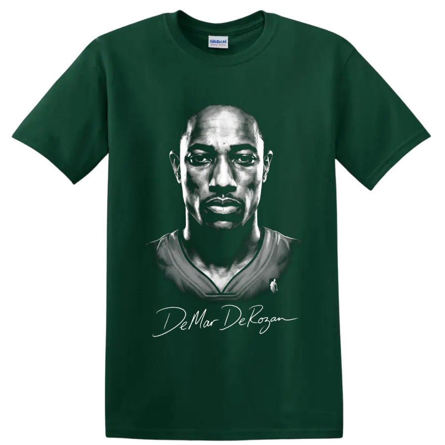 DeMar DeRozan monochrome basketball portrait with signature-style lettering on a Forest Green T Shirt