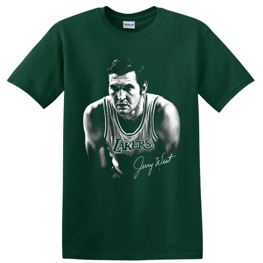 Jerry West Los Angeles Lakers No. 44 monochrome basketball portrait with signature on a Forest Green T Shirt