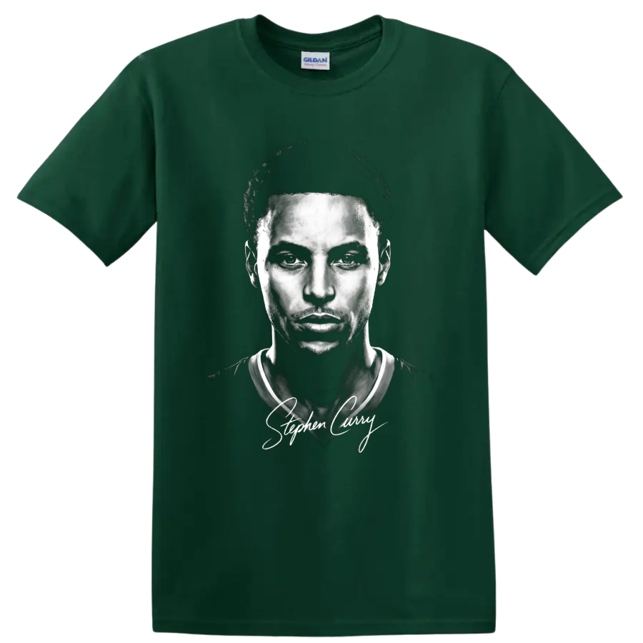 Monochrome Stephen Curry basketball portrait with signature-style script on a Forest Green T Shirt