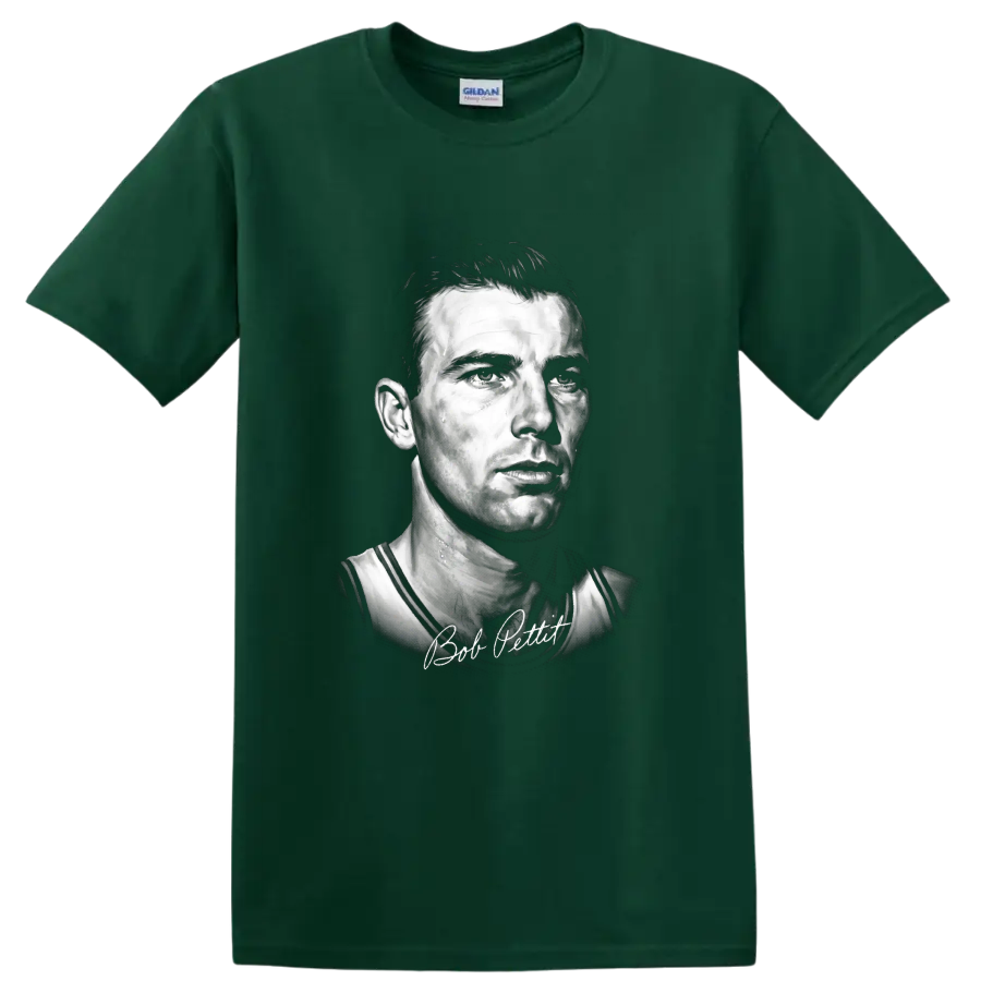Bob Pettit St. Louis Hawks No. 9 monochrome basketball portrait with signature on a Forest Green T Shirt