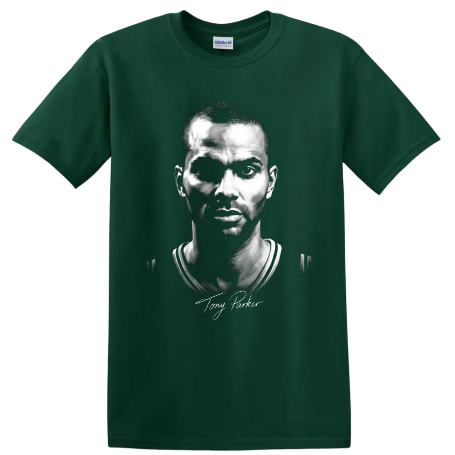 Tony Parker monochrome basketball portrait with signature-style script on a Forest Green T Shirt