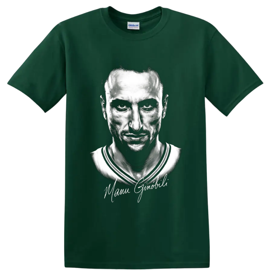 Monochrome Manu Ginobili basketball portrait with signature-style script on a Forest Green T Shirt