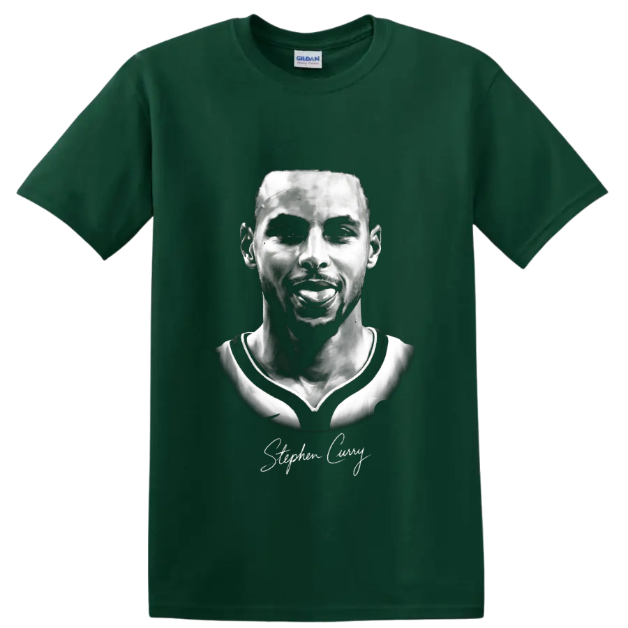 Stephen Curry monochrome basketball portrait with signature-style script on a Forest Green T Shirt
