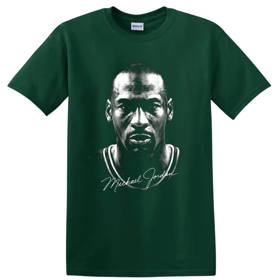 Michael Jordan Chicago Bulls No. 23 monochrome portrait with signature-style text on a Forest Green T Shirt