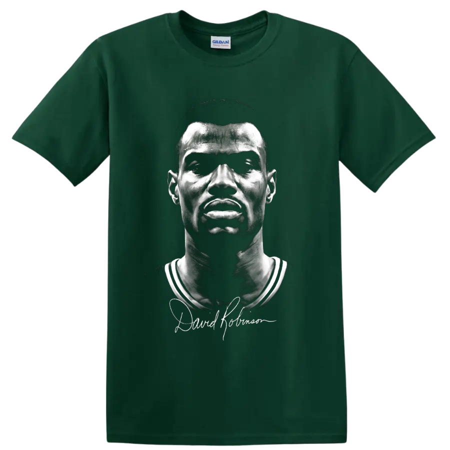 David Robinson No. 50 black-and-white basketball portrait with signature-style graphic on a Forest Green T Shirt