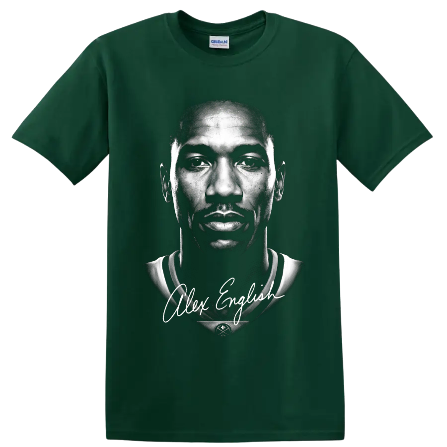 Alex English black-and-white basketball portrait with signature-style script on a Forest Green T Shirt