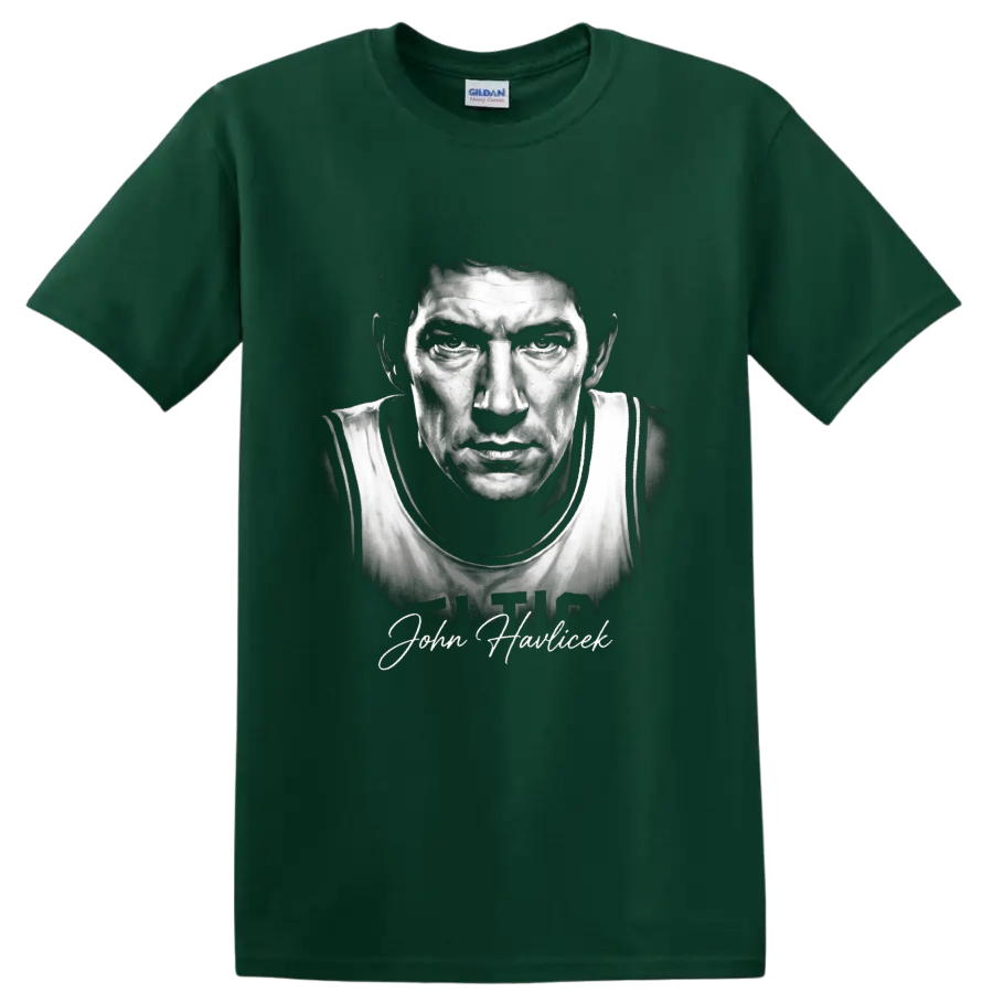 Black-and-white John Havlicek No. 17 basketball portrait with signature-style name on a Forest Green T Shirt
