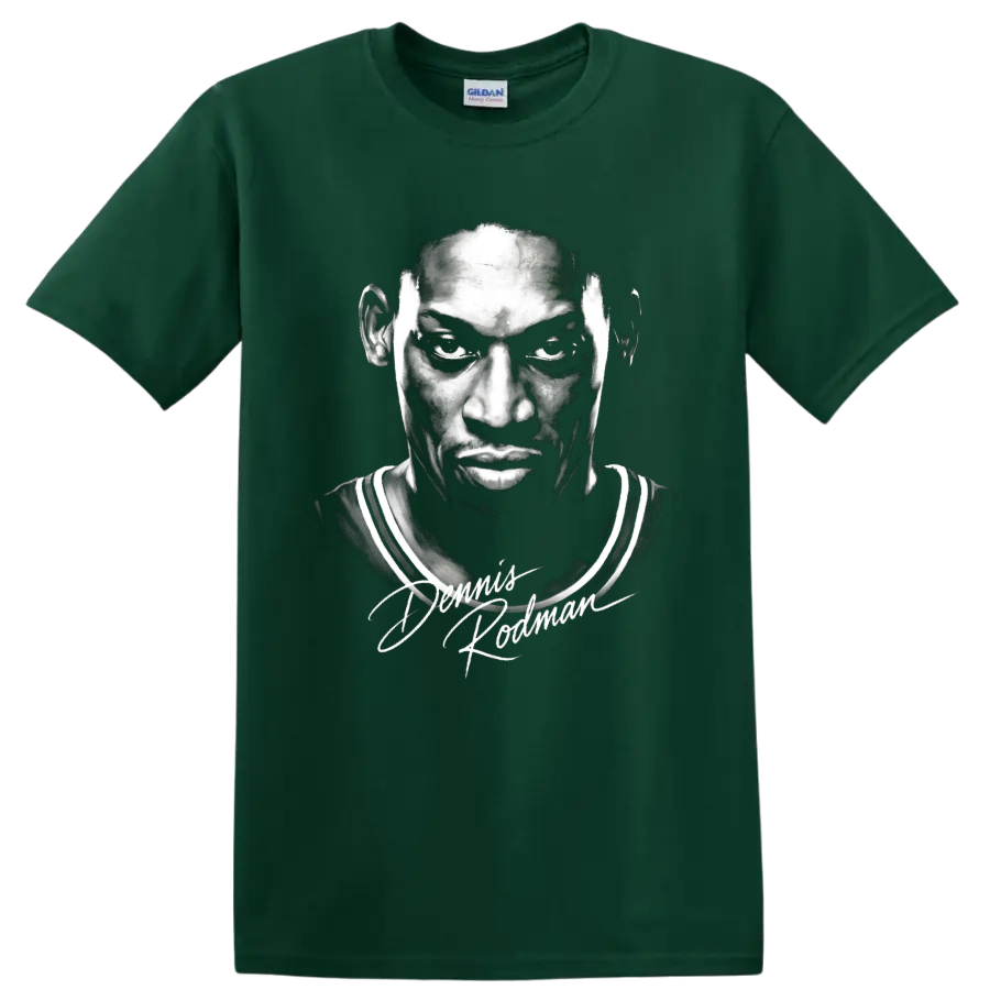 Monochrome Dennis Rodman Chicago Bulls No. 91 portrait with scripted signature on a Forest Green T Shirt