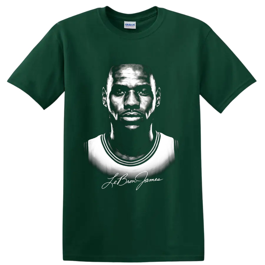 LeBron James black-and-white basketball portrait with signature-style script on a Forest Green T Shirt