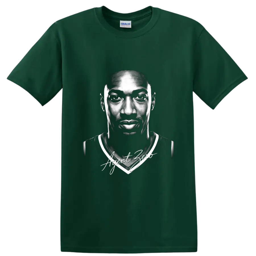 Gilbert Arenas Washington Wizards No. 0 monochrome portrait with Agent Zero script on a Forest Green T Shirt