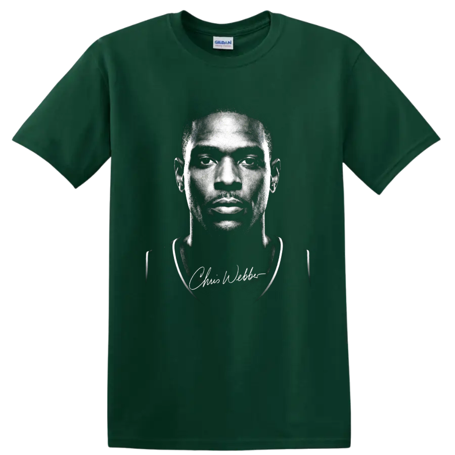 Black-and-white Chris Webber basketball portrait with signature script on a Forest Green T Shirt