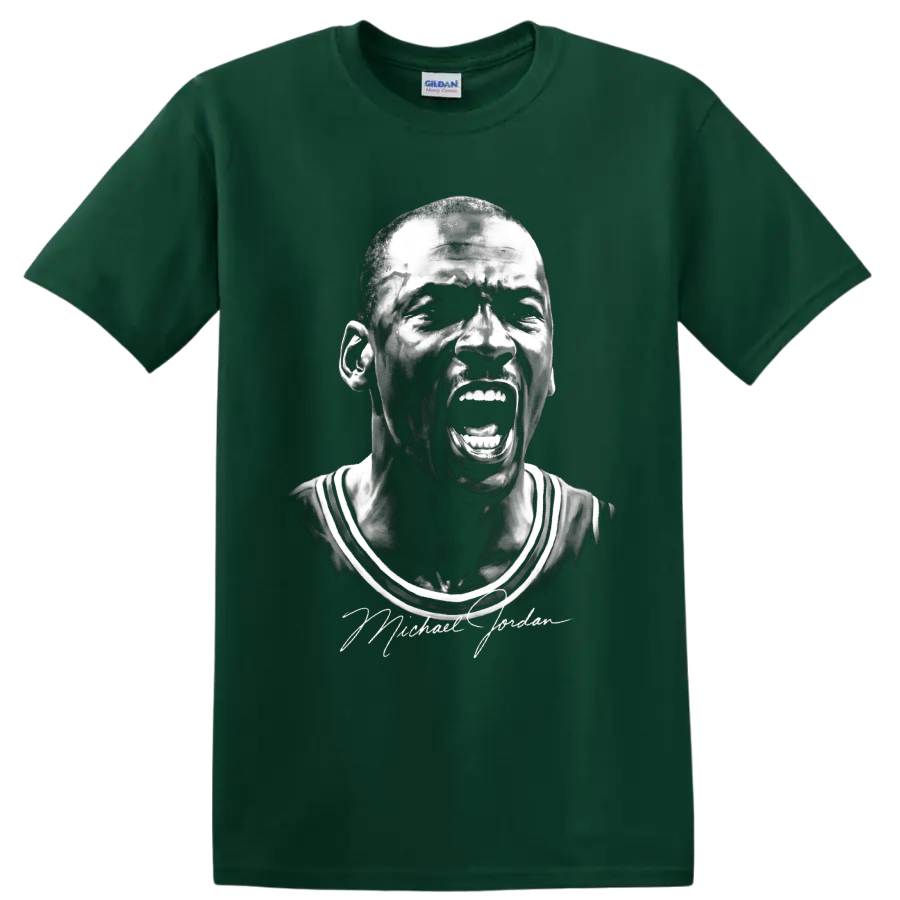 Michael Jordan Chicago Bulls #23 shouting portrait in dramatic black-and-white sketch on a Forest Green T Shirt