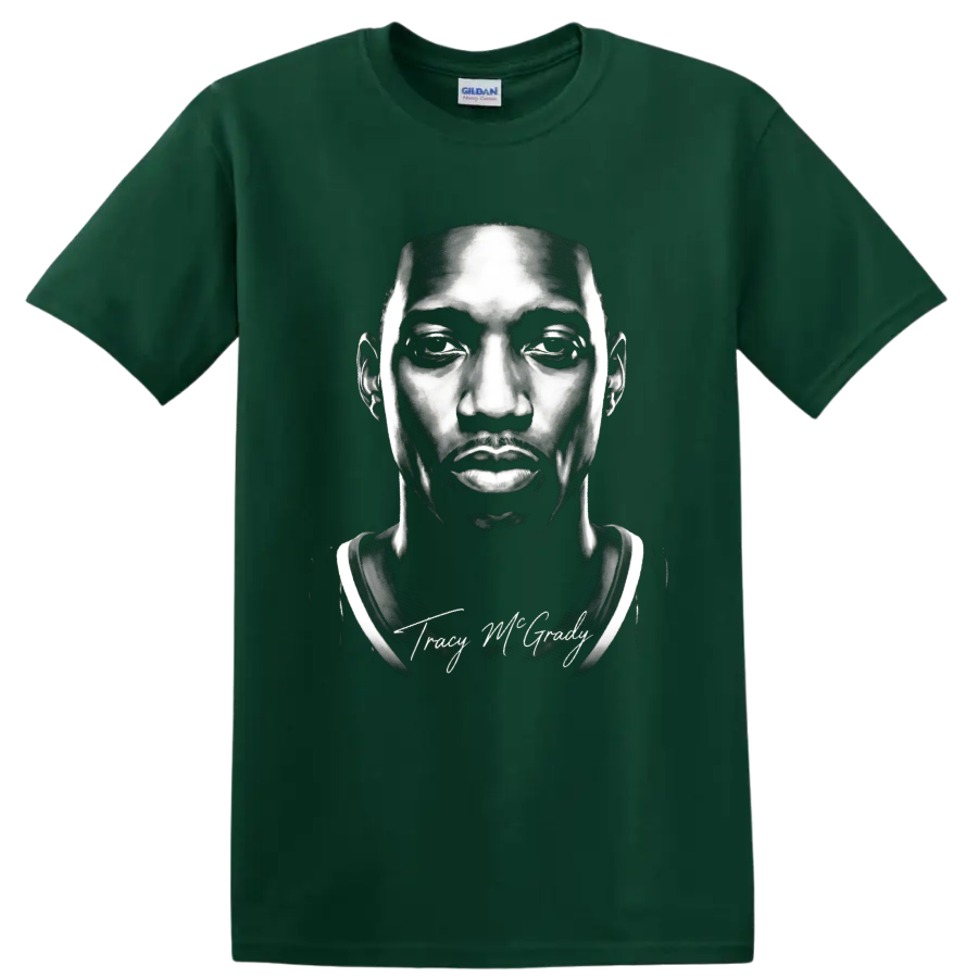 Tracy McGrady black-and-white basketball portrait with signature-style script on a Forest Green T Shirt