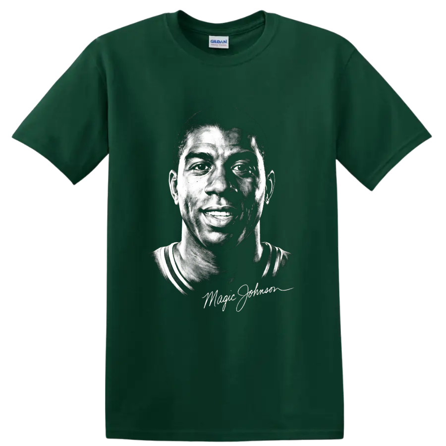 Magic Johnson black-and-white portrait with signature-style script on a Forest Green T Shirt