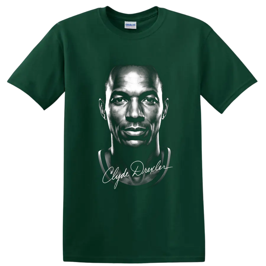 Monochrome Clyde Drexler basketball portrait with Clyde Drexler signature script on a Forest Green T Shirt
