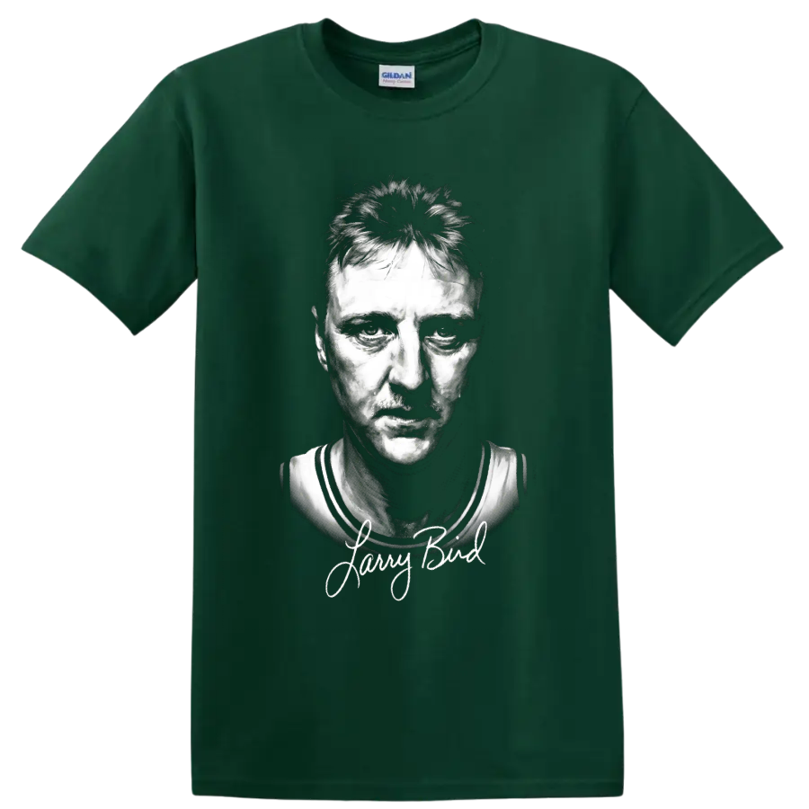 Larry Bird black-and-white basketball portrait with signature-style lettering on a Forest Green T Shirt