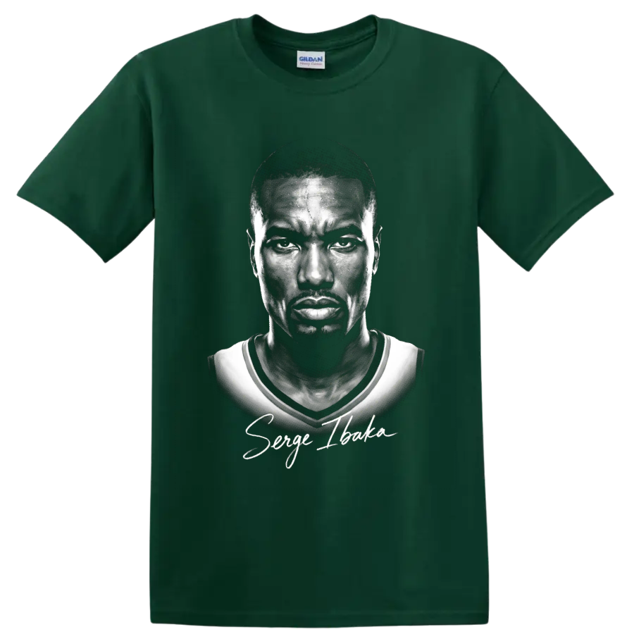 Monochrome Serge Ibaka Oklahoma City Thunder #9 portrait with signature script on a Forest Green T Shirt