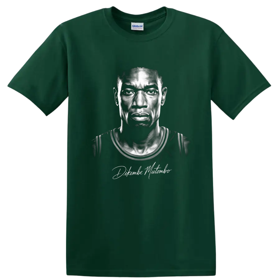 Dikembe Mutombo black-and-white illustrated basketball portrait with signature detail on a Forest Green T Shirt