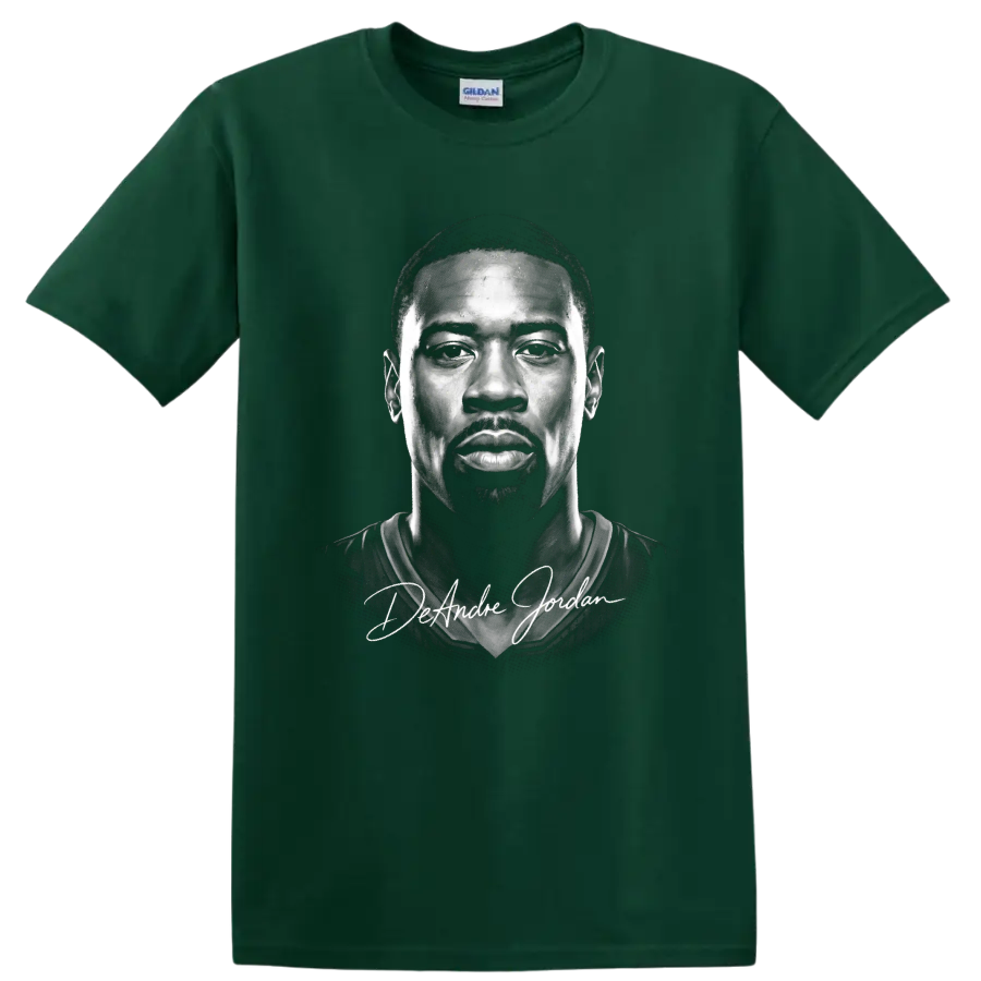 Monochrome DeAndre Jordan portrait with signature-style name lettering on a Forest Green T Shirt