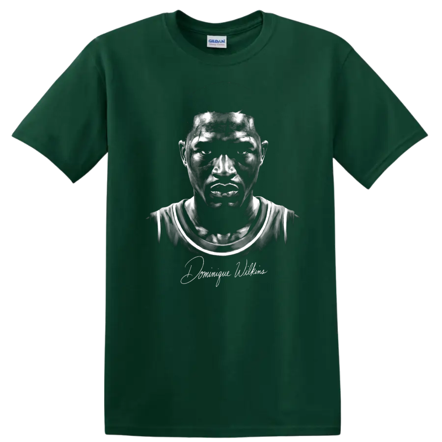 Monochrome Dominique Wilkins Atlanta Hawks #21 basketball portrait with signature on a Forest Green T Shirt