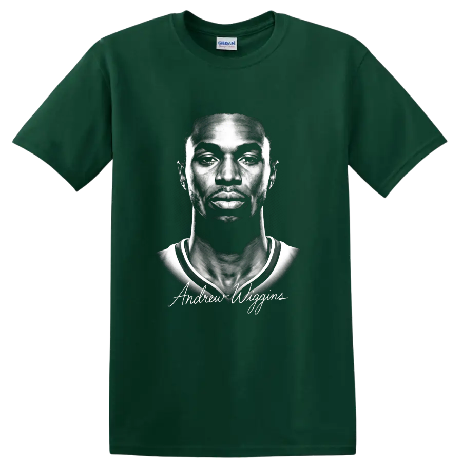 Andrew Wiggins monochrome basketball portrait with signature-style lettering on a Forest Green T Shirt