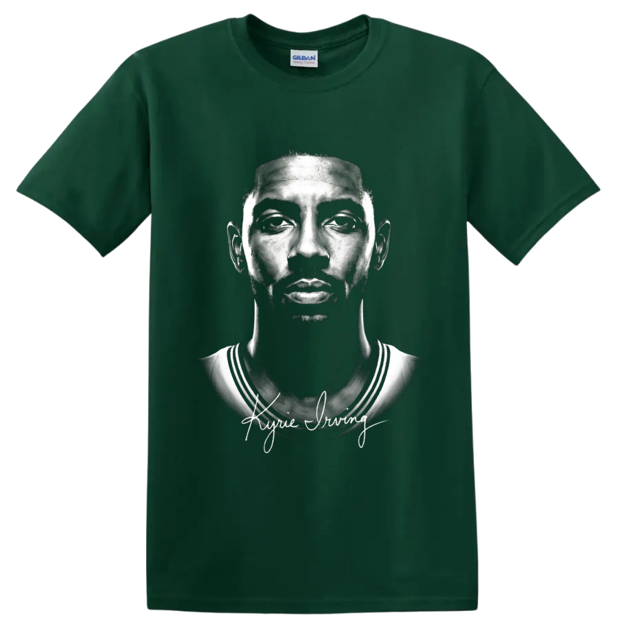Kyrie Irving Cleveland Cavaliers #2 monochrome portrait with signature-style lettering on a Forest Green T Shirt