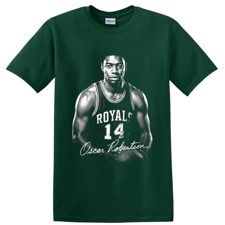 Oscar Robertson Cincinnati Royals No. 14 monochrome basketball portrait with signature on a Forest Green T Shirt
