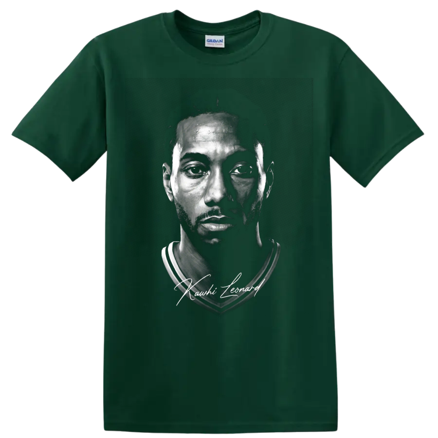 Kawhi Leonard black-and-white basketball portrait with signature-style lettering on a Forest Green T Shirt