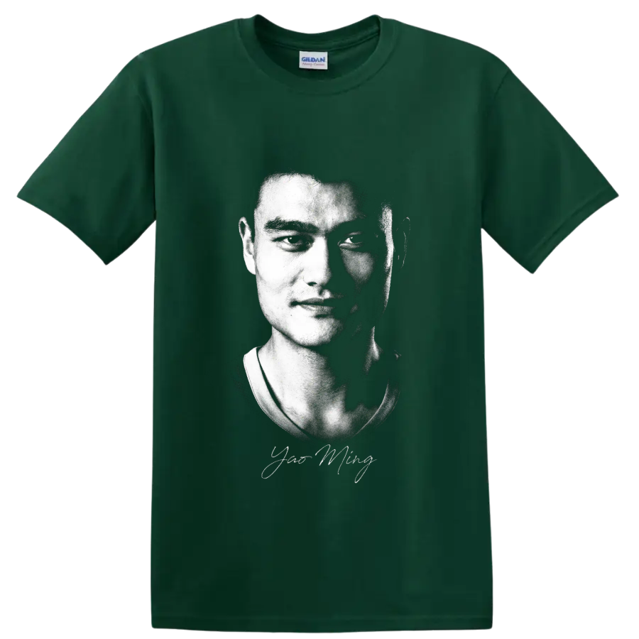Yao Ming black-and-white halftone portrait with signature-style detail on a Forest Green T Shirt