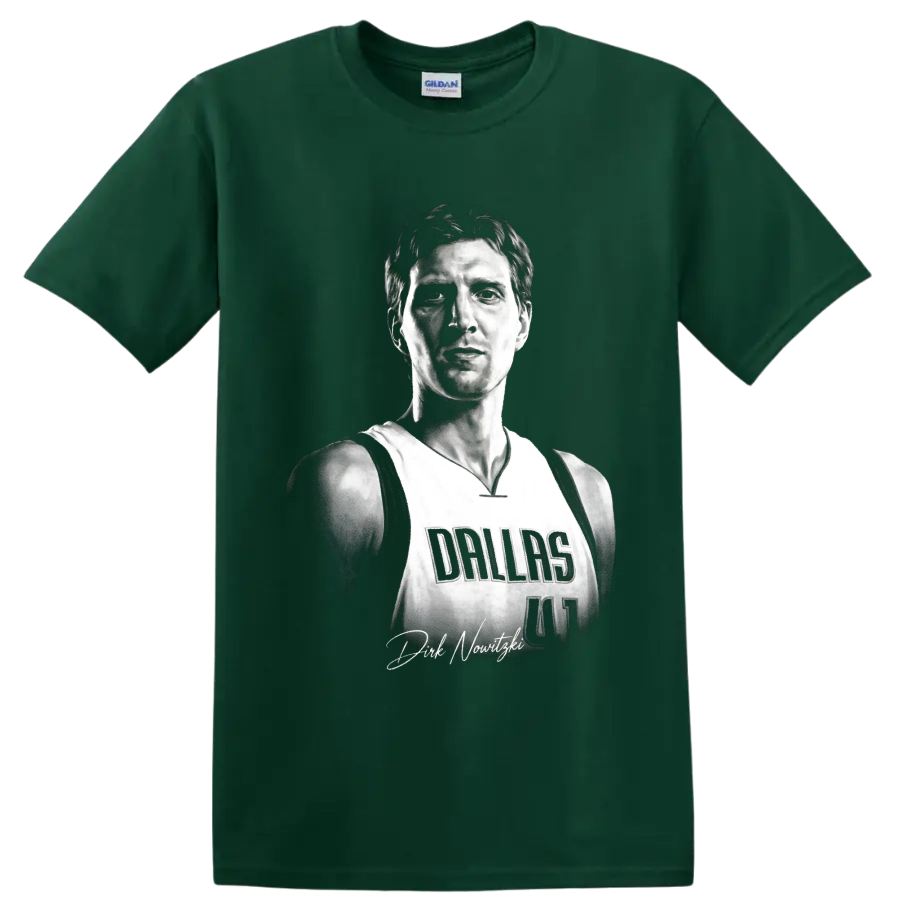 Black-and-white Dirk Nowitzki Dallas Mavericks number 41 portrait with signature detail on a Forest Green T Shirt