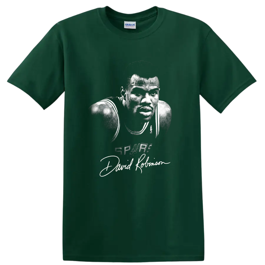 Gritty black-and-white David Robinson Spurs Number 50 basketball portrait with signature on a Forest Green T Shirt