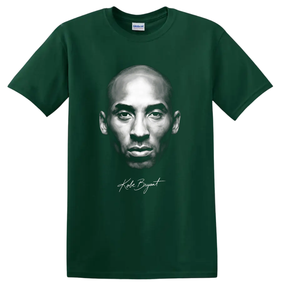 Kobe Bryant black-and-white portrait graphic with signature-style script on a Forest Green T Shirt
