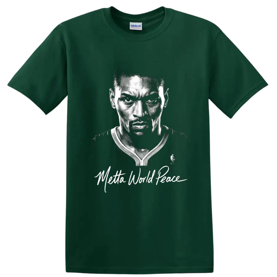 Metta World Peace monochrome basketball portrait with signature-style script on a Forest Green T Shirt