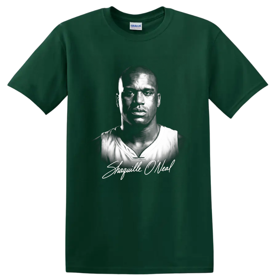 Monochrome Shaquille O'Neal basketball portrait with signature-style script on a Forest Green T Shirt