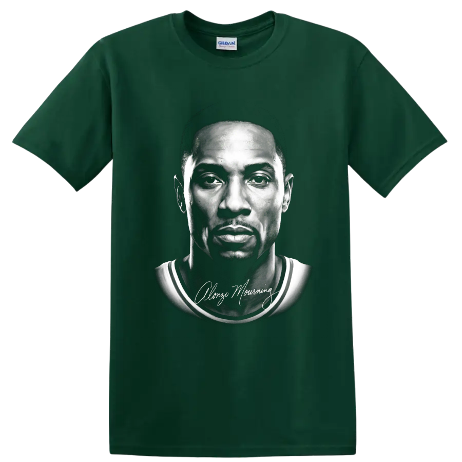 Monochrome Alonzo Mourning Miami Heat No. 33 basketball portrait with signature on a Forest Green T Shirt
