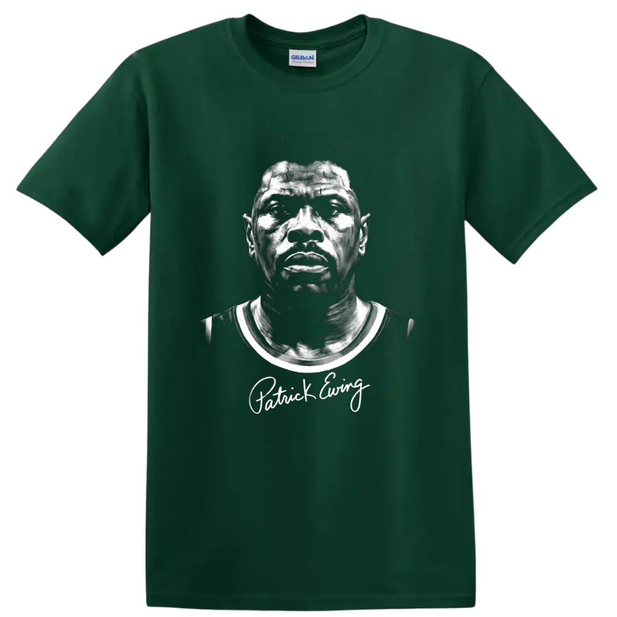 Monochrome Patrick Ewing basketball portrait with distressed vintage sports styling on a Forest Green T Shirt
