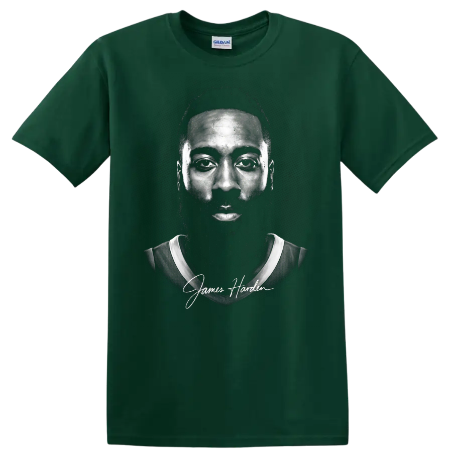 James Harden monochrome basketball portrait with script signature on a Forest Green T Shirt