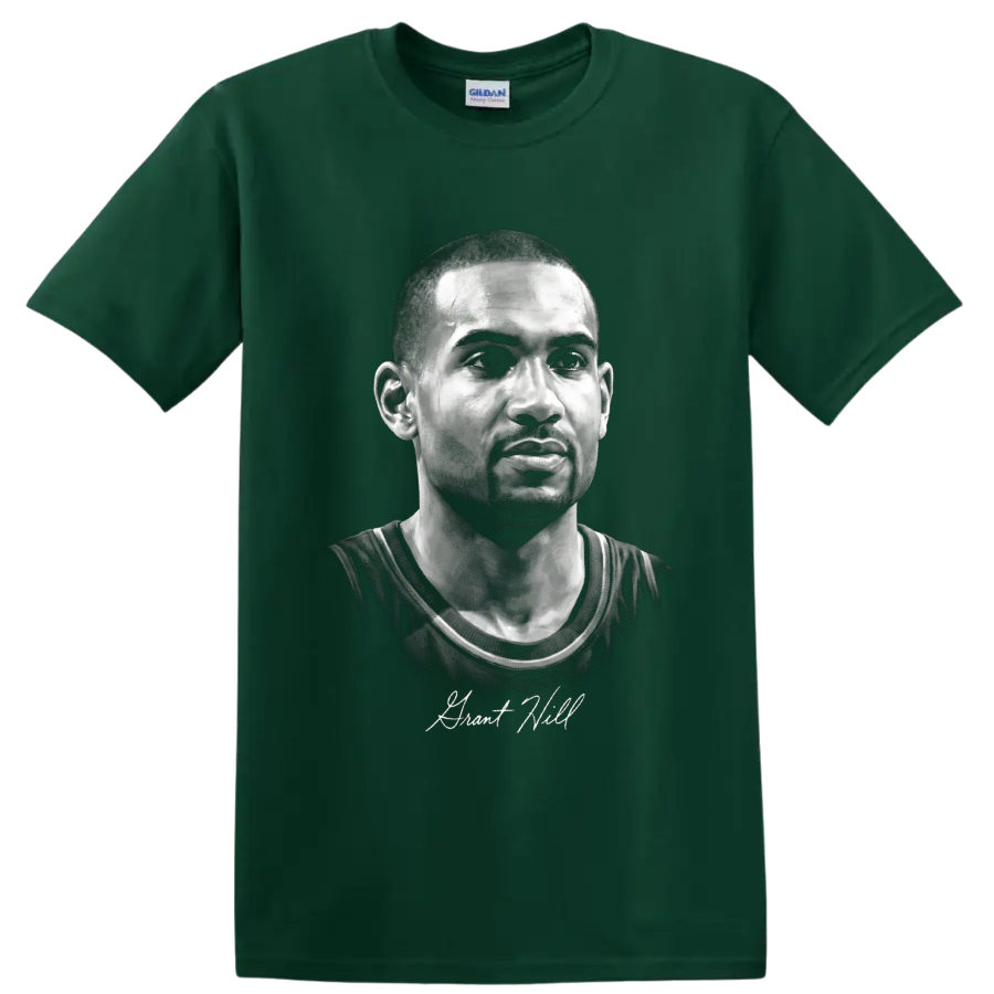 Grayscale Grant Hill basketball portrait with signature-style lettering on a Forest Green T Shirt