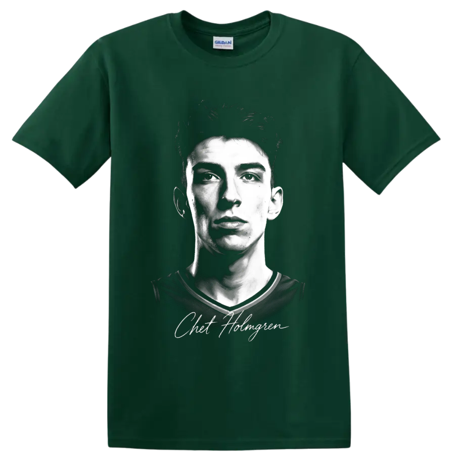 Chet Holmgren black-and-white basketball portrait with signature-style name text on a Forest Green T Shirt