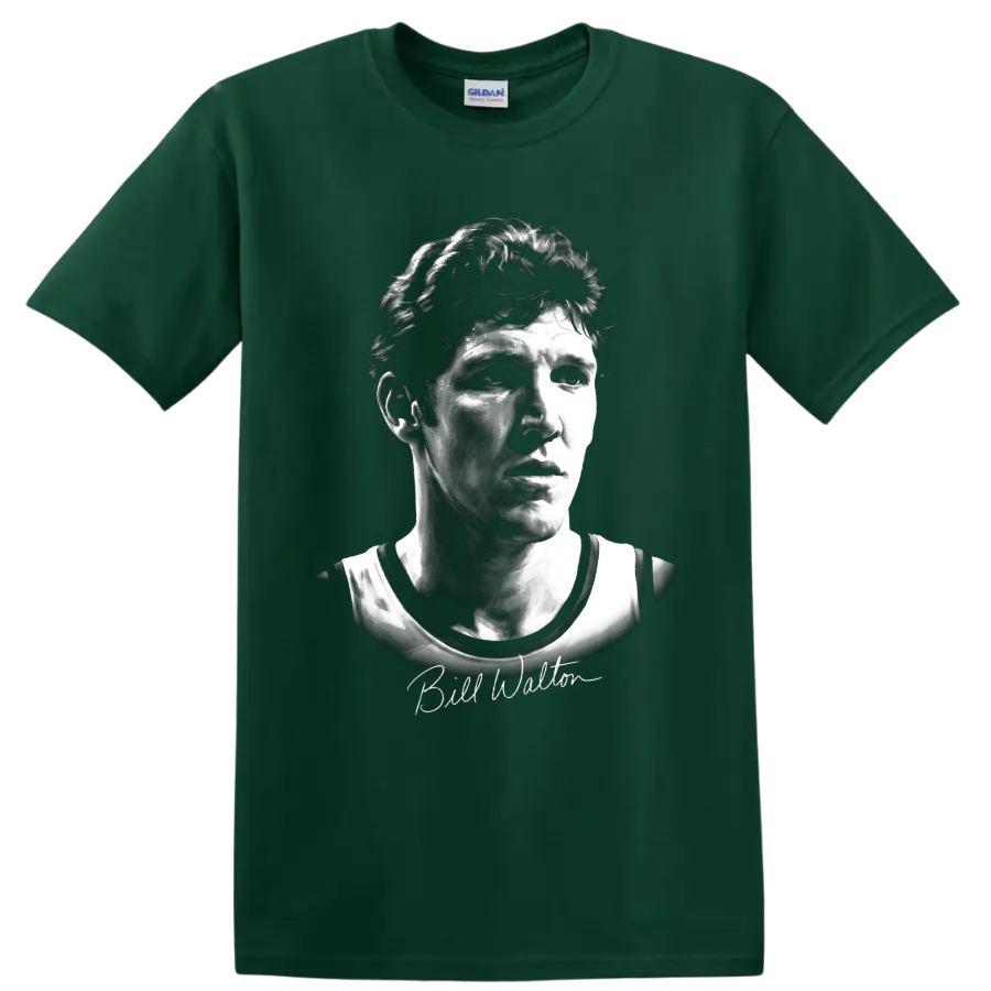 Black-and-white Bill Walton basketball portrait with signature-style script on a Forest Green T Shirt