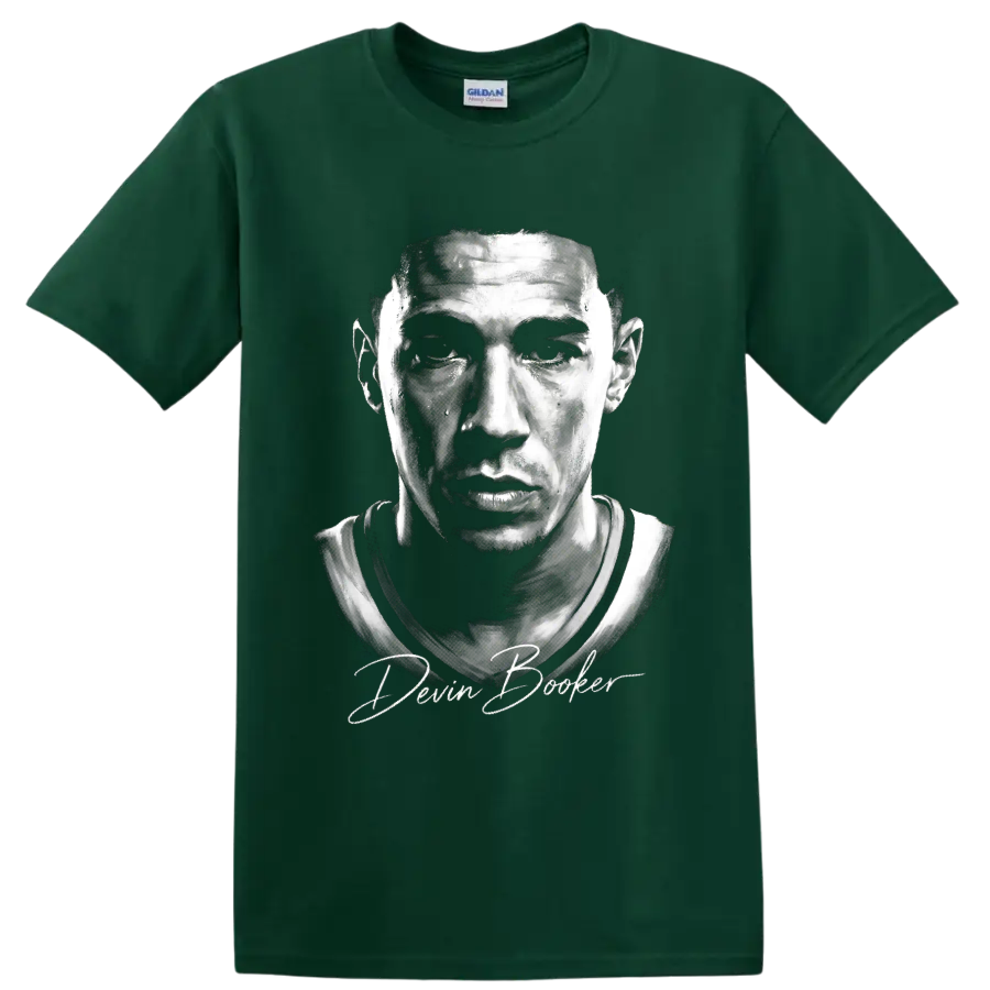 Monochrome Devin Booker basketball portrait with signature-style lettering on a Forest Green T Shirt