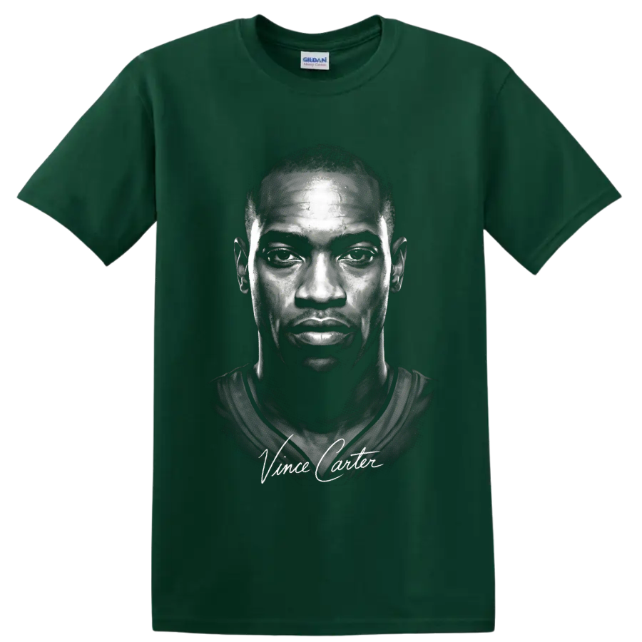 High-contrast Vince Carter portrait with signature-style lettering on a Forest Green T Shirt